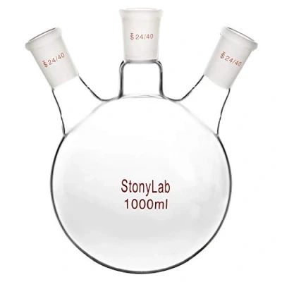 Immagine di stonylab Borosilicato Vetro 3 Collo Fondo Rotondo Pallone RBF, con 24/40 Centrale e lato Standard Coniche Esterno Misto Giunto, Neck Round Bottom Flask 1000ml