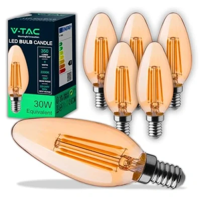 Immagine di V TAC 6x Lampadine LED Filamento Candela Ambrata E14 4W (Equivalenti a 30W) 350 Lumen Lampadina Massima Efficienza e Risparmio Energetico 2200K Luce Calda