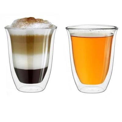 Immagine di Creano bicchieri a doppia parete 250ml DG V, bicchiere termico grande in vetro borosilicato, da caffè, tè, latte 2x 2 pezzi (confezione 1)