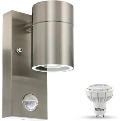 Immagine di HiBay Applique da Esterno/Interno LED con Sensore di Movimento GU10,Luce Fredda 7W,Lampada Parete Esterno IP44 Inox per Scala,Corridoio,Balcone,Villa Bagno