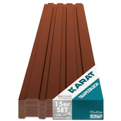 Immagine di KARAT 15 pezzi di lamiera trapezoidale 115 x 45 cm Set fogli profilati con viti 7,7 m² da parete Spessore 0,25 mm Piastre per tetto in d&#039;acciaio (marrone)