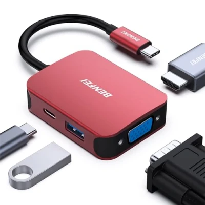 Immagine di BENFEI HUB USB C 4in1, Multiporta Adattatore con 4K HDMI/ 1080P VGA/ 5 Gbps 3.0 Porta dati/Tipo 60W Power Delivery,per iPhone 15 Pro/Max MacBook Pro/Air 2023 iPad Pro iMac S23 XPS17,Rosso