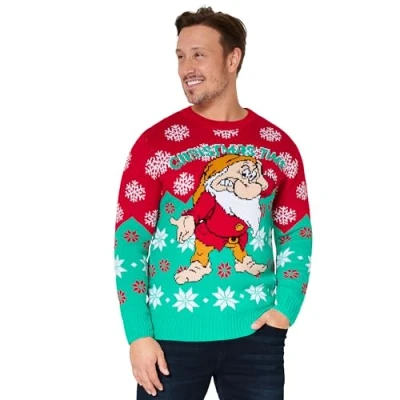 Immagine di Disney Natale Maglione Uomo, Girocollo con Maniche Lunghe Pullover Regalo Uomo e Adolescente (Rosso/Verde Acqua Grumpy, M)