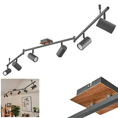 Immagine di lampada da soffitto Javel, moderna in metallo look antracite/legno, con faretti e bracci della regolabili, 6 luci, x attacco GU10, senza lampadina/e