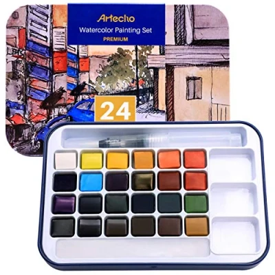 Immagine di Artecho Set di Pittura ad Acquerello con 24 Colori Vivaci, tra cui Penna Acqua, Spugna e Tabella dei Vuota in Carta Acquerello, Custodia Leggera Portatile Latta, Perfetta come Regalo