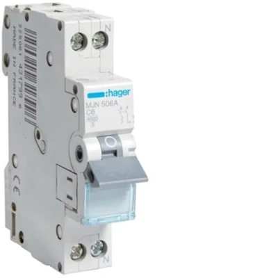 Immagine di HAGER MJN506A INTERRUTTORE AUT. MAGNETOTERMICO 1P+N 1M 4, 5K 6A