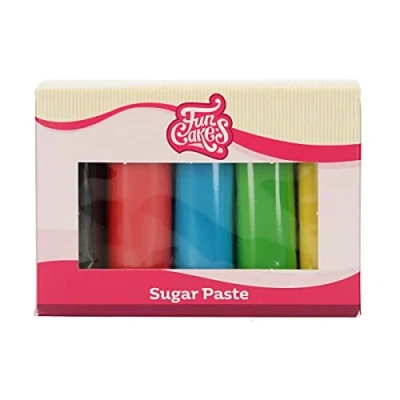 Immagine di FunCakes Pasta di Zucchero Multipack Essential Colours: liscio, flessibile, morbido e pieghevole, halal, kosher senza glutine. Colori: giallo, verde, blu, rosso, nero. 5 x 100 g