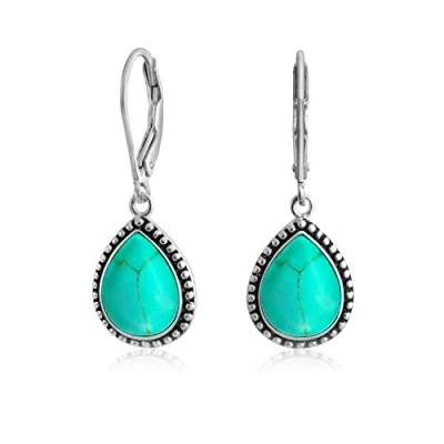 Immagine di Boho Stile Occidentale Blu Stabilizzato Turchese Semi Prezioso A Forma Di Pera Goccia Leva Indietro Orecchini Per Le Donne Adolescenti Ossidato .925 Sterling Silver