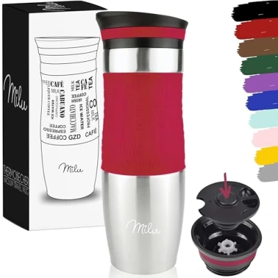 Immagine di Milu Tazza Termica da viaggio per caffè 370ml 450ml 100% a Prova di perdite Isolata e tè portare via bere in acciaio inossidabile Caldo freddo (Rosso, 450ml)
