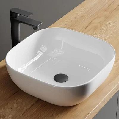 Immagine di Planetmöbel Aquil Deluxe Lavabo quadrato da appoggio per bagno e WC degli ospiti a mano senza foro rubinetto troppopieno, bianco, 42,5 x 14 cm