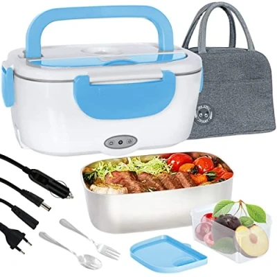 Immagine di Scaldavivande Elettrico Portatile con Borsa Termica 1.5L (55W 220V), Lunch Box Portavivande Termico Elettronico in Acciaio Inox, Porta Pranzo da Ufficio e Auto, Blu