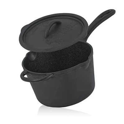Immagine di BBQ Toro casseruola in ghisa con coperchio 2 litri nero già bruciato piccola coperchio, pentola per salsa pan,