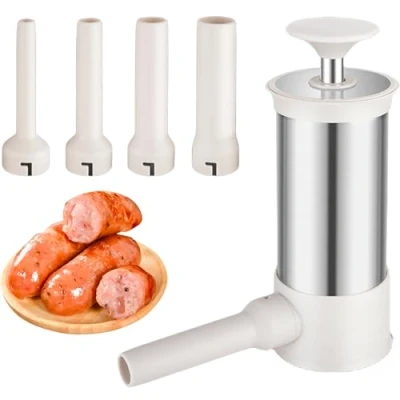 Immagine di Sporgo Riempitrice per salsicce in acciaio inox, manuale salsicce, spremiagrumi con 4 diversi tubi di riempimento, fatte casa (2,2 L)