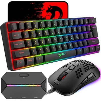 Immagine di Tastiera da Gioco Compatta Cablata al 60% 61 Tasti 11 Completi con Retroilluminazione RGB Anti ghosting + Mouse Leggero Cablato 2400 DPI Adattatore Convertitore per Giocatori PS4/Xbox (Nero)