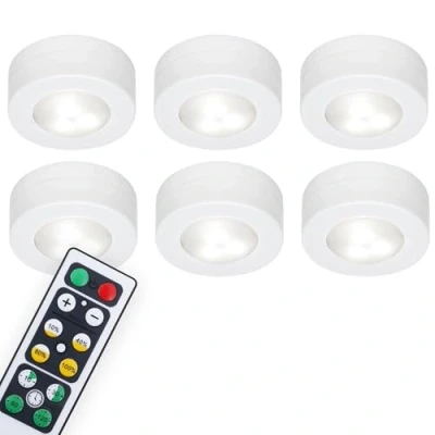 Immagine di BRILONER Leuchten Set di 6 luci a LED per armadio con telecomando, luce dimmerabile e funzionale, notturna da camera, funzione timer pad adesivi 3M, 58x26mm (DxA), colore bianco