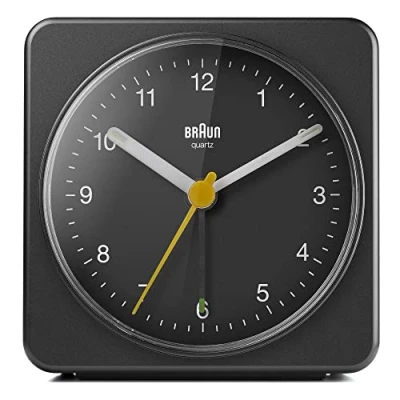 Immagine di Braun Orologio Sveglia Analogico Classico Funzione Snooze e Luce, Movimento Continuo Silenzioso, Suono Beep con crescendo, colore nero, modello BC03B.