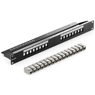 Immagine di deleyCON 16 Porto Pannello Delle Patch Set Modulare 1 IU 19&quot; Pollici Montaggio Rack + 16x RJ45 Keystone Moduli CAT6a Compatibile con CAT5 CAT6 CAT7 LAN Cavi di Rete Posa Nero