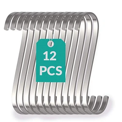 Immagine di 12 Ganci Metallici a Forma di S Piatti in Acciaio Inox Piccoli 8cm Fino 25kg Carico Gancio Metallo