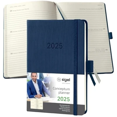 Immagine di SIGEL C2563 Conceptum Agenda settimanale 2025, circa A6, blu scuro, copertina rigida, 2 pagine = 1 settimana, 176