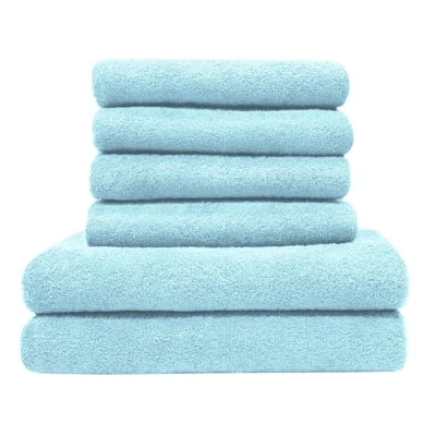 Immagine di ZOLLNER Set di asciugamani 4 da bagno 50x100 cm e 2 teli doccia 70x140 super assorbenti azzurro con gancetto lavabili a 60C cotone qualità d&#039;albergo