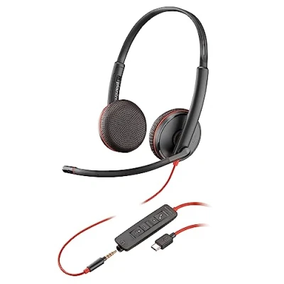 Immagine di Poly Blackwire 3225, Cuffia Cablata con Connessione USB A, C, AUX 3,5 mm, Cuscinetti in Similpelle, Riduzione del Rumore e dell&#039;Eco, Comandi sul Cavo, Compatibile Windows 10 macOS, Nero