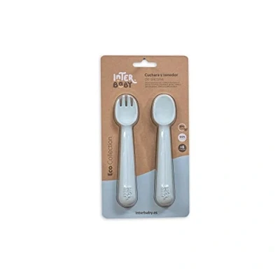 Immagine di Set posate: cucchiaio e forchetta in silicone blu per bambini
