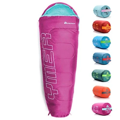 Immagine di meteor Sacco a Pelo Mummia Ideale per Bambini Campeggio Viaggio Escursioni Trekking Albergo Treno leggero Compatto Confortevole con Compressione YMER ((130 + 25) x 60/40 cm, Viola/menta)