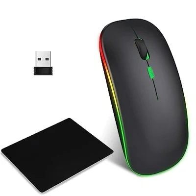 Immagine di EasyULT Mouse Senza Fili Bluetooth, LED Bluetooth Ricaricabile (5.1+2.4G), Retroilluminato a 7 Colori, DPI Regolabile Silenzioso per PC,Mac, Notebook, con Tappetino Il