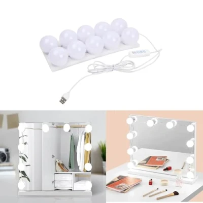 Immagine di Qtuie Luci per Specchio da Trucco 10 3 Colori Lampadine Dimmerabili USB Make up in Stile Hollywood Terra Bagno