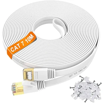 Immagine di Cavo Ethernet 10 metri Cat 7, Alta Velocità Lan Piatto di Rete Schermato S/FTP, Internet Bianco 10Gbps 600Mhz, Gigabit RJ45 10m 7 per Router Switch Modem Xbox PC (10 Clips)