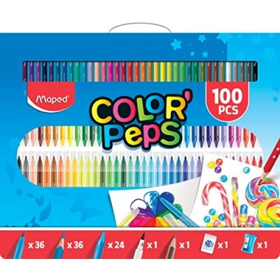 Immagine di Maped Color&#039; Peps Set da 100 pezzi colorare e custodia per il trasporto (36 matite, 36 pennarelli, 24 pastelli, pennarello lavagna, matita HB, gomma temperamatite), assortiti 907003