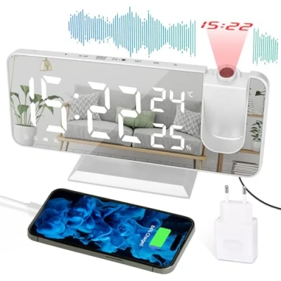 Immagine di Sveglia a Proiezione LED Digitale con Caricabatterie da Comodino Porta USB, Snooze, Doppia Sveglia, Radio FM, Temperatura Umidità, 12/24 Ore, Luminosità del Volume Regolabile, Bianco