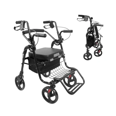 Immagine di KMINA Deambulatore Sedia a Rotelle Pieghevole, per Anziani Pavimenti Lisci, 4 Ruote, con Seduta, Rollator Nero Altezza Regolabile