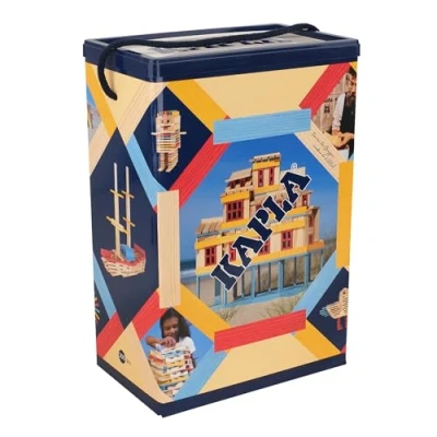 Immagine di KAPLA Baril Estival 200 piastre colorate (blu, rosso e giallo) con libro di costruzione, gioco in legno, fino a 2 anni