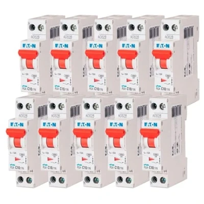 Immagine di EATON 264744 PLG4 C10/1N DISJONTTORE MODULARE PH/N Bianco MANETTA ROSSO 1P+N / 10 a Curva C Connessione vite interruttori
