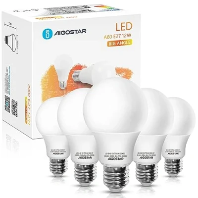 Immagine di Aigostar Lampadine LED E27 Luce Bianca Calda 3000K,12W (equivalenti a 71W),984 Lumen，A60 Lampadina Super Luminosa,Pacco da 5