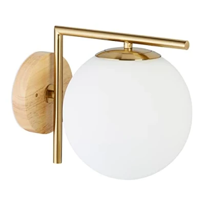 Immagine di Relaxdays Lampada da Parete, Applique GLOBI, Metallo e Vetro, Paralume Sferico HLP 23x20x28, Moderna, Ottone Bianco E27, 40 W, 23x20x28 cm