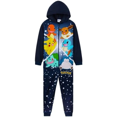 Immagine di Pokémon Pigiama Intero Bambino Pigiamone in Pile Caldo 7 14 Anni Pigiami Interi Bambini con Cappuccio Pikachu Gadget Regalo (Navy/Multi, 9 10 Anni)
