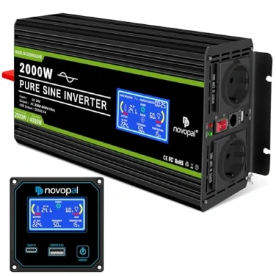 Immagine di NOVOPAL 2000W Onda Sinusoidale Pura Power Inverter DC 24V in AC 220V con Display LCD Intelligente 2 EU Presa Uscita USB and 5 Metri di Telecomandoper per Camion Camping Macchina da Caffè
