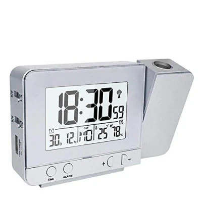 Immagine di Queta Sveglia Digitale con Proiettore, Schermo a LED, Mattutina della Temperatura Oraria, Calendario, Suoni di Allarme, Timer Porta USB argento