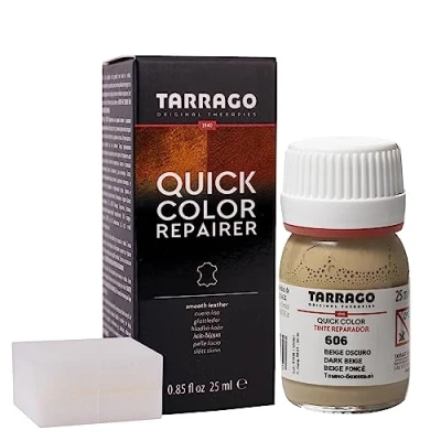 Immagine di Tarrago Quick Color 25 ml Tintura per scarpe in pelle, pelle liscia e tela accessori Macchia ad asciugatura rapida che ripara protegge le calzature da piccoli segni (Beige scuro 606)