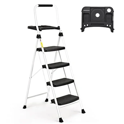Immagine di HBTower scaletta 4 Gradini Pieghevole sgabello Cucina Con Ampio Pedale Antiscivolo, Scala in Acciaio Robusto da 150 kg, Comoda impugnatura, Leggera e Portatile Bianco