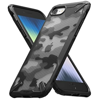 Immagine di Ringke Fusion X Compatibile con Cover iPhone SE 2022 5G (SE 3), 2020, 8, 7, Custodia Disegno Camuffare Retro Rigida Antiurto Paraurti Robusto TPU Camo Black
