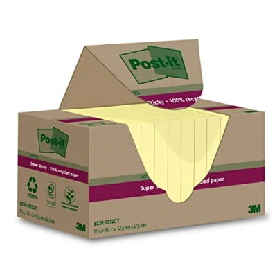 Immagine di Post it Foglietti Super Sticky Riciclati, Confezione da 12 Blocchetti, 70 Fogli per Blocchetto, 47.6 mm x mm, Giallo Adesivi in carta riciclata al 100%
