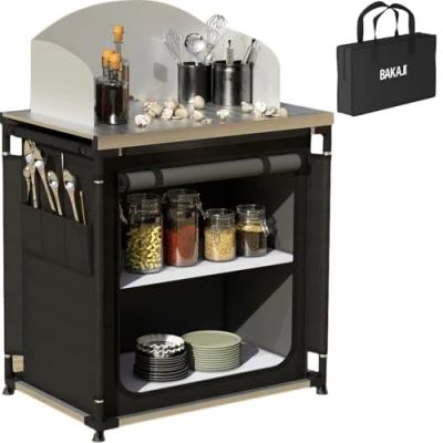 Immagine di BAKAJI Cucina Armadio Mobiletto Tavolo Da Campeggio Picnic Compatta Portatile Pieghevole, Telaio Alluminio Cucinotto Paraspruzzi Borsa Trasporto Vano Portaoggetti In Tessuto (Compatto Singolo)