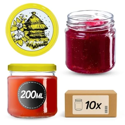 Immagine di KADAX Barattoli Ermetici di Vetro da 200 ml, Vassetti Piccoli con Coperchio a Vite per Conserve Frutta, Marmellate e Miele (Set 10, Arnia)