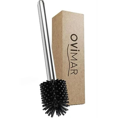 Immagine di ovimar scopino Aro Silver in silicone con serbatoio per detergente pompa meccanica pulsante acciaio inox testa dello wc