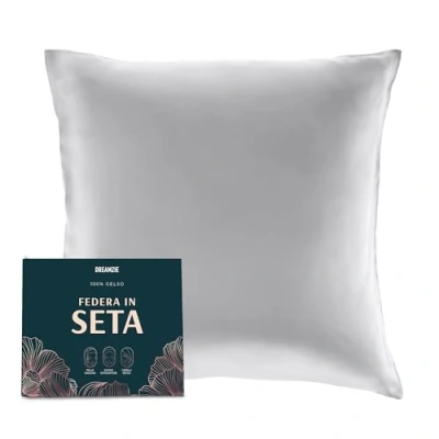 Immagine di DREAMZIE Federa Sera Cuscino, Seta Ipoallergenica, 19 Momme, 100% Seta, Con Cerniera Nascosta, Certificata OEKO TEX (Grigio Argento, 65x65cm)