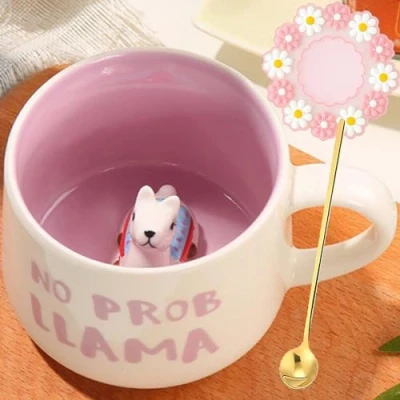 Immagine di tazza Alpaca Mug Regalo divertente animale 3D da tè in ceramica con cucchiaio e sottobicchiere 350 ml Grande di caffè Detto dolce compleanno