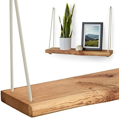 Immagine di Villanord® Mensola da parete in rovere tedesco, stile rustico con bordo dell&#039;albero (60 cm), scaffale sospeso legno massiccio, corda e gancio